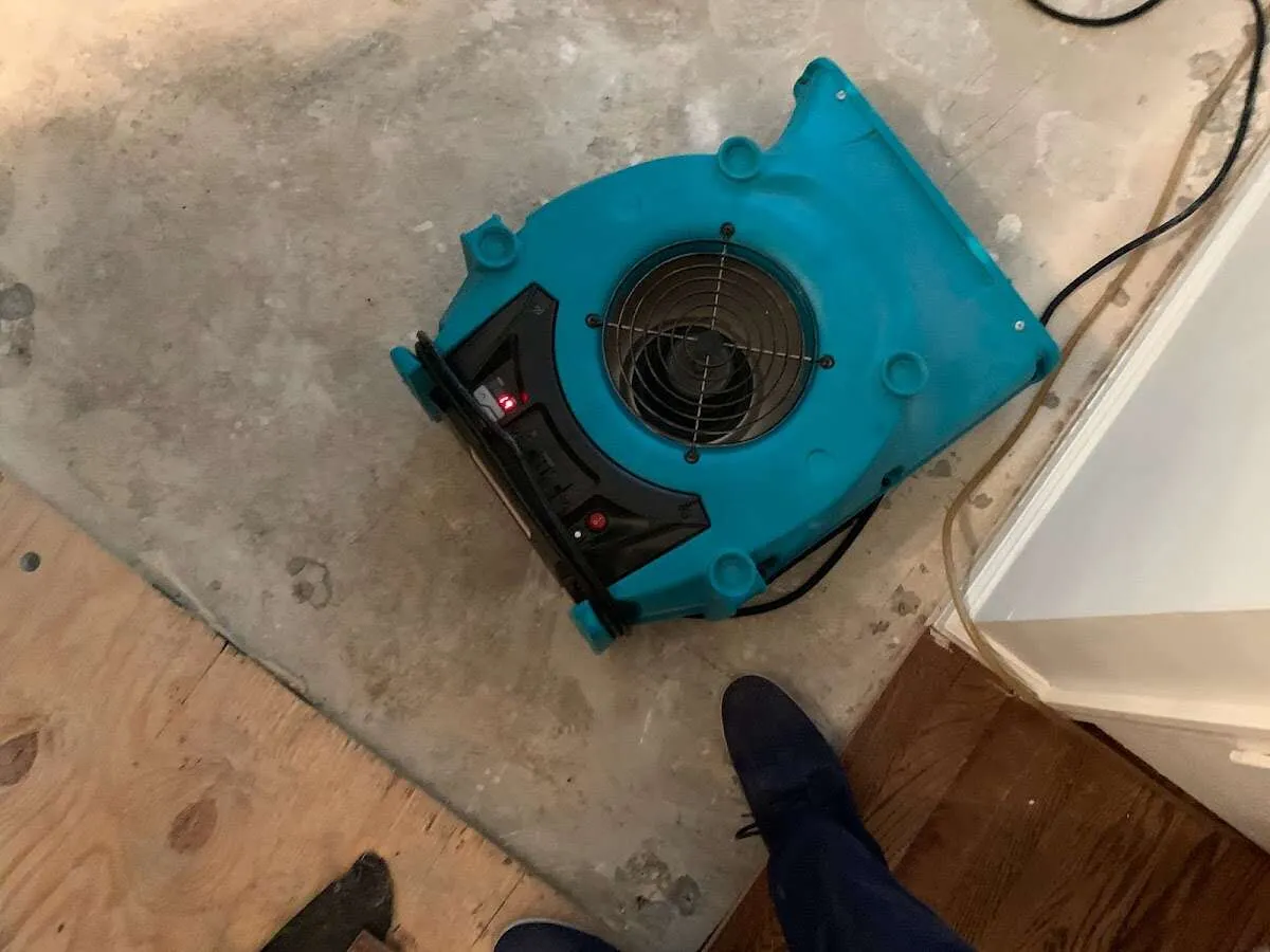 Air mover drying subfloor during Leak Detection & Repair in La CaÃ±ada Flintridge